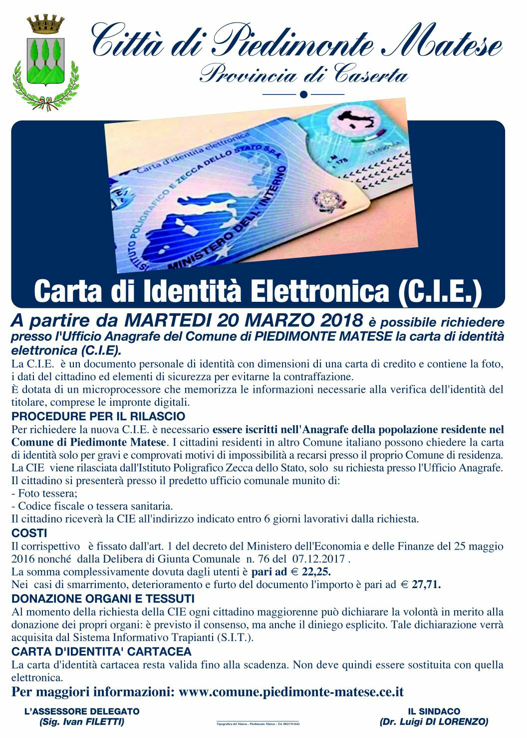 Piedimonte Matese, disponibile la Carta d'Identità 